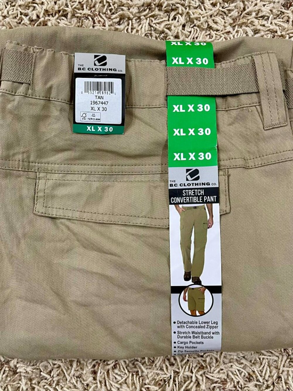BC Clothing Men's Belted Convertible Pants Tan, Size XL x 30 (New)